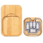 Wooden box with compact storage for USB and charging adapters.