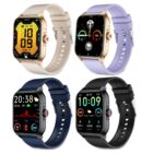 Four smartwatches with various screen displays and colors: gold, purple, navy, and black.