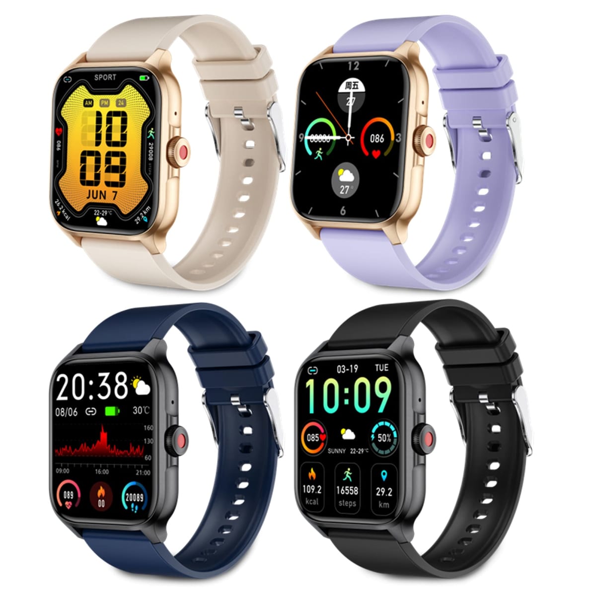 Four smartwatches with various screen displays and colors: gold, purple, navy, and black.