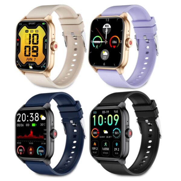 Four smartwatches with colorful bands and screens showing different digital displays.