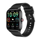 Smartwatch with fitness tracker, black wristband, showing time, date, weather, and activity stats.