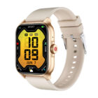 Smartwatch with a beige band displaying a digital clock and fitness stats on the screen.
