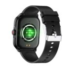 Smartwatch with a black strap and green sensor light on the back.