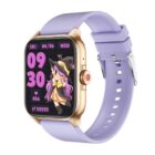 Smartwatch with purple strap displaying cute witch illustration and digital time.
