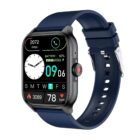 Smartwatch with dark blue band showing steps, time, battery, and heart rate.