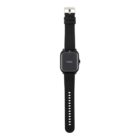 Smartwatch with a black strap and hello displayed on the screen.