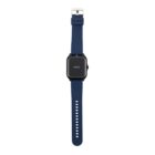 Smartwatch with a blue band and a screen displaying the word hello.