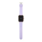 Smartwatch with purple band displaying hello on the screen.