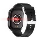 Smartwatch back view with black strap and red sensor light.
