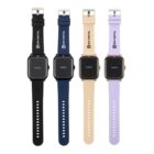 Four smartwatches with hello on screens, in black, blue, beige, and lavender straps.