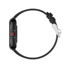 Side view of a black smartwatch with a minimalist design and sleek band.