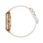 Side view of a gold smartwatch with a beige band and a red button.