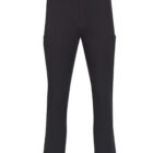 Black cargo pants with front button and side pockets.