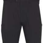 Black cargo shorts with side pockets and a buttoned waistband.