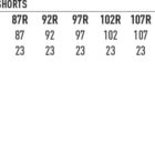 Size chart for mens utility cargo shorts, with symbols for easy care and two-way stretch.