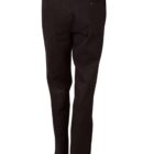 Rear view of black pants with belt loops and back pockets.