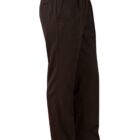 Dark brown dress pants, pleated front, side view, against a white background.