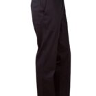 A pair of dark brown trousers shown from the side on a white background.