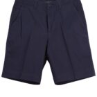 Navy blue tailored shorts with belt loops and side pockets.