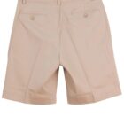 Beige shorts with buttoned back pockets and belt loops displayed on a plain background.