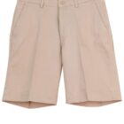 Beige khaki shorts with front pockets and a button closure.