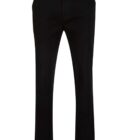 Black pants with straight legs and a button closure at the top.