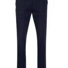Dark blue slim-fit trousers with a button and zipper, featuring front pockets.