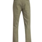 Back view of olive green trousers with pockets and belt loops.