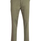 Olive green trousers with a button and zip closure.