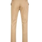 Rear view of tan khaki pants with belt loops and back pockets.