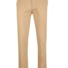 Beige khaki pants with belt loops and a button closure.