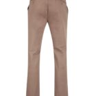 Brown trousers, rear view, featuring two back pockets and a straight-leg design.