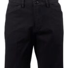 Black shorts with belt loops and button closure, viewed from the front.