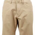 Khaki-colored shorts with belt loops and front button closure.