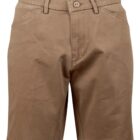 Khaki shorts with belt loops and front pockets, displayed on a mannequin.
