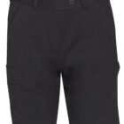Black cargo shorts with pockets and a button closure.