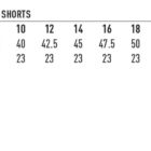 Size chart for ladies utility cargo shorts, sizes 6-26, with easy care and stretch features.