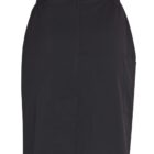 Black knee-length skirt with a button and pocket details.