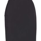 Black knee-length skirt with a side pocket and belt loops.