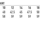 Size chart for M9477 ladies utility cargo skirt, sizes 6-26 with easy care and two-way stretch features.