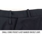 Close-up of black pants with a pocket and belt loop key hanger. Text below describes features.