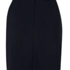 Black knee-length pencil skirt with waistband and front button detail.