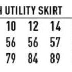 Size chart for ladies twill stretch utility skirt, sizes 6 to 26, with length and waist measurements.