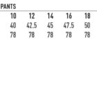Size chart for ladies utility cargo pants, sizes 6 to 26, with easy care and two-way stretch icons.