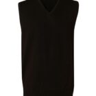 Black sleeveless V-neck sweater vest on a white background.