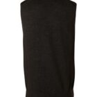 Back view of a sleeveless black sweater vest on a white background.