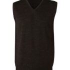 Dark gray sleeveless V-neck vest against a white background.