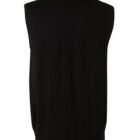 Back of a black sleeveless sweater vest against a white background.