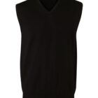 Black sleeveless V-neck sweater on a white background.