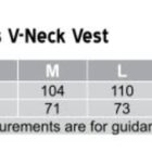 Size chart for Mens V-Neck Vest, showing chest and body length measurements for sizes S to 3XL.